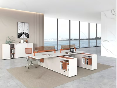 Modern Office Interior With Large Windows Sea View Desks And White Cabinets 3d model