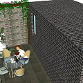Relaxing Garden Landscape With Brick Walls Climbing Plants Pergola Outdoor Dining And Lanterns