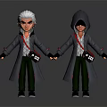 Cartoon Characters In Gray Coats With Red Straps White Hair And Hooded Design