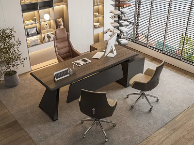Modern Office Desk With Wooden Top Black Metal Legs Two Chairs Laptop Plant And Window Blinds 3d model