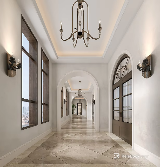 Elegant Shopping Mall Corridor With Arched Doorways Chandeliers And Marble Flooring 3d model 