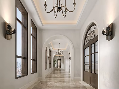 Elegant Shopping Mall Corridor With Arched Doorways Chandeliers And Marble Flooring 3d model