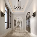 Elegant Shopping Mall Corridor With Arched Doorways Chandeliers And Marble Flooring