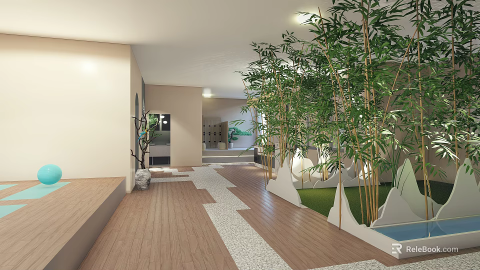 Natural Indoor Space With Bamboo Plants Wooden Flooring And Water Feature 3d model 