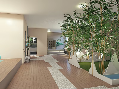 Natural Indoor Space With Bamboo Plants Wooden Flooring And Water Feature 3d model