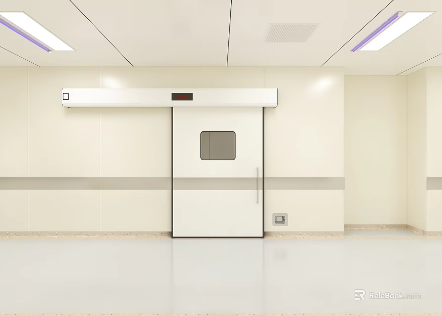 Elevator Corridor With White Door Light Strips On Light Colored Walls And Smooth Floor 3d model 
