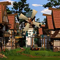 Cartoon Village Scene With Red Tiled Roofs Wooden Houses Windmill And Green Grass