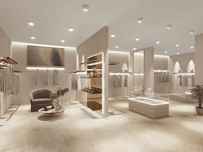 Elegant Modern Clothing Store Interior With Hanging Clothes Racks Decorative Sofa And Plants 3d model