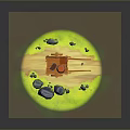 Wooden Cart With Barrel On Grass Path Surrounded By Stones