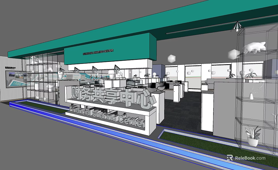 Public Office Space Interior Design With Open Layout Workstations Reception Counter And Glass Partitions 3d model 