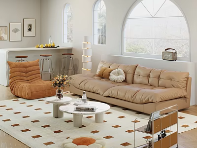 Elegant Living Room Interior With Beige Sofa Orange Armchair Geometric Rug Arched Windows Bar Counter 3d model