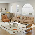 Elegant Living Room Interior With Beige Sofa Orange Armchair Geometric Rug Arched Windows Bar Counter