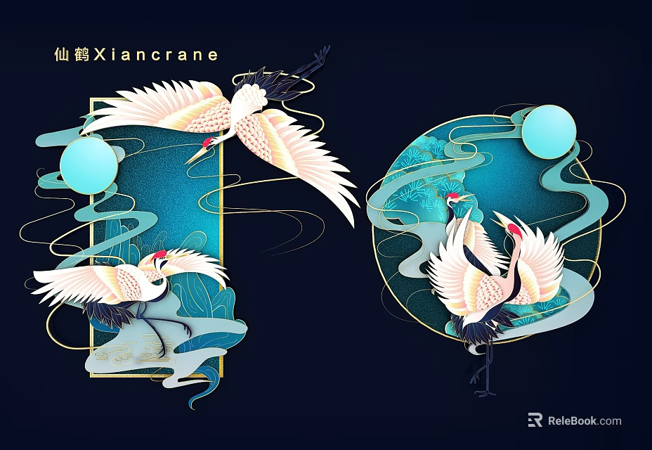 Chinese Style Crane Themed Hanging Decor with Moon Cloud Patterns and Blue Background 3d model