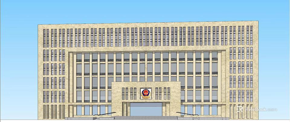 Modern Office Building With Stone Facade Large Windows And Entrance Emblem 3d model 