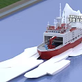 Red And White Ship Sailing Near Icebergs On Icy Ocean Water