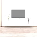 Modern Minimalist TV Stand With Black Screen Green Plant Small Ornaments And Sculpture