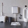 Modern Bathroom Interior With Urinal Toilet Tank Squat Toilet Trash Can And Accessories