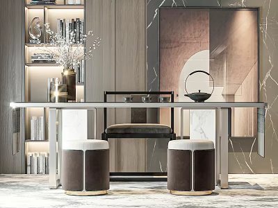 Modern Tea Room Interior Design With Tea Table Teapot Stools And Decorative Wall Art 3d model