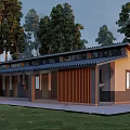 Traditional Rustic Guesthouse Building With Wooden Facade Tile Roof And Lush Tree Surroundings