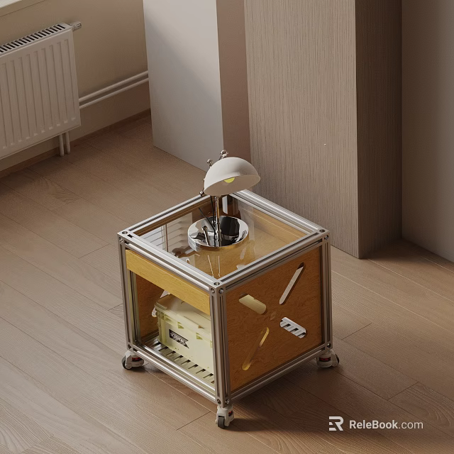 Modern Bedside Table With Metal Frame Wooden Top And Table Lamp 3d model 