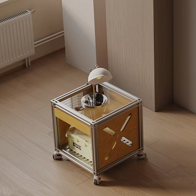 Modern Bedside Table With Metal Frame Wooden Top And Table Lamp 3d model