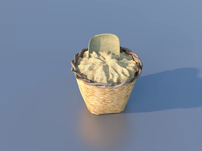 Wicker Basket Filled With Grain And Wooden Spoon On Blue Surface 3d model