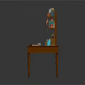 Wooden Desk with Attached Bookshelf Featuring Books Stationery and Small Decorations
