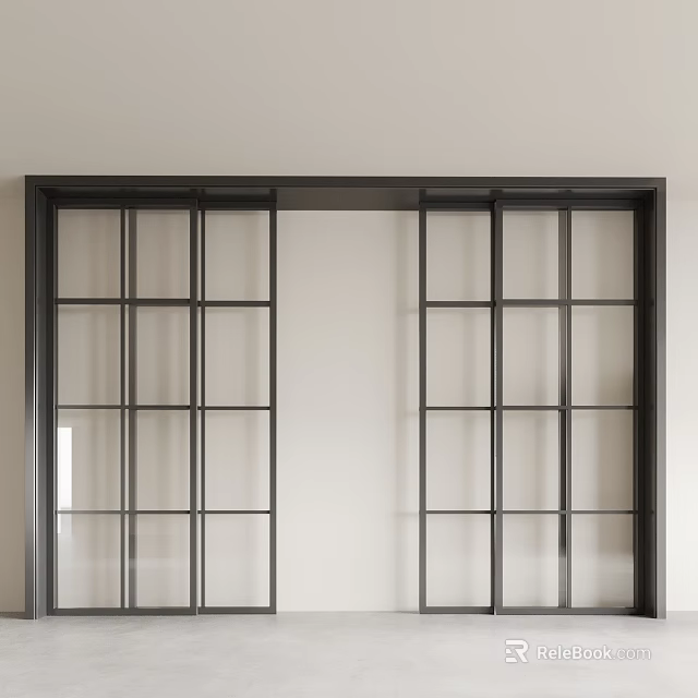 Modern Black Metal Frame Sliding Doors With Glass Grid Panels For Interior Design 3d model 