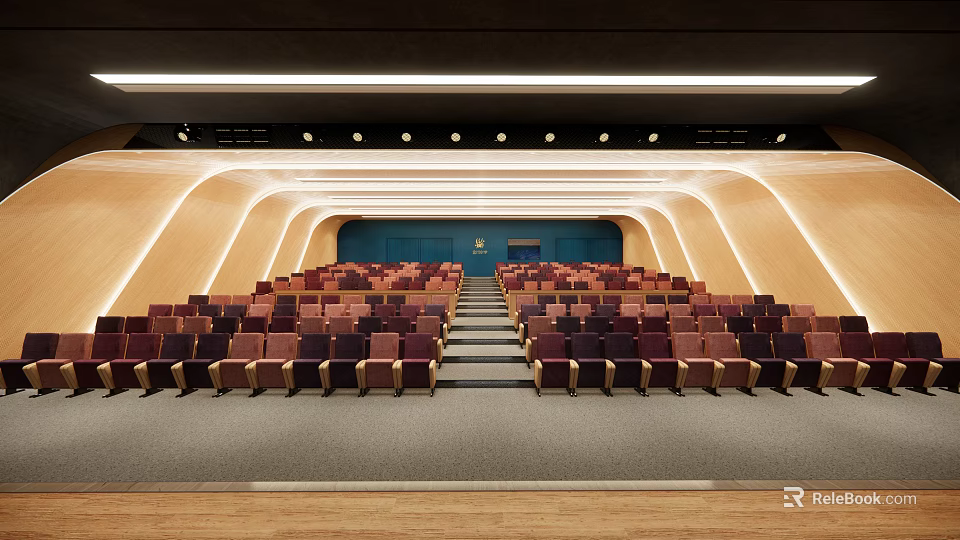 School Auditorium Interior with Rows of Seats Stage and Ceiling Lighting 3d model 
