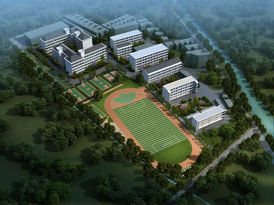 Modern School Buildings With Sports Field Greenery And Surrounding Trees 3d model