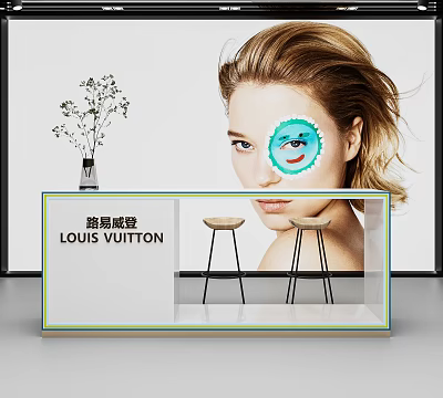 Stylish Louis Vuitton Reception Desk With Bar Stools And Vase With Twigs 3d model