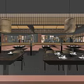 Modern Hot Pot Restaurant Interior With Wooden Decor Hanging Lanterns And Open Counter
