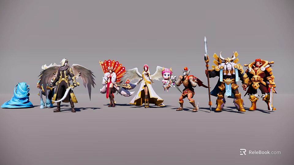 Male Fantasy Game Characters With Wings Weapons And Mythical Armor Designs 3d model 