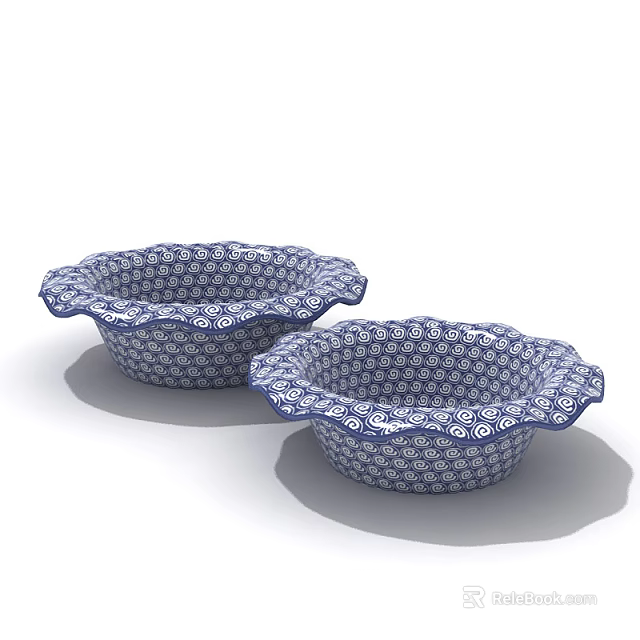 Ceramic Dinnerware Set With Two Bowls Blue And White Scalloped Edge Pattern 3d model 