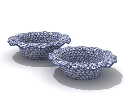 Ceramic Dinnerware Set With Two Bowls Blue And White Scalloped Edge Pattern 3d model