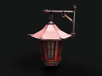 Traditional Pink Lantern Chandelier with Metal Bracket Glass Panels and Vintage Design 3d model