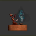 Red Skinned Game Character With Ornate Headdress Kneeling On Wooden Platform Summoning Blue Magical Energy