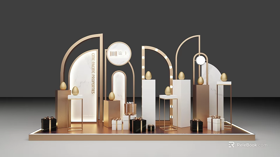 Elegant Display Setup With Golden Arches White Pillars Egg Decor And Gift Boxes 3d model 