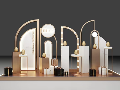 Elegant Display Setup With Golden Arches White Pillars Egg Decor And Gift Boxes 3d model
