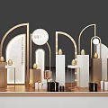 Elegant Display Setup With Golden Arches White Pillars Egg Decor And Gift Boxes