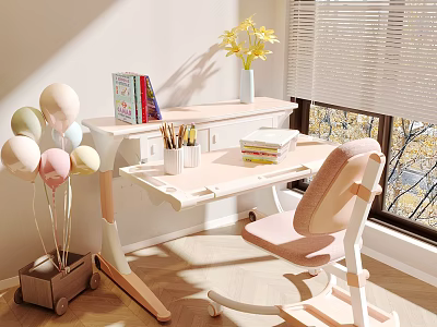 Kids Study Desk With Pink Padded Chair Colorful Books Pastel Balloons And Sunlight 3d model