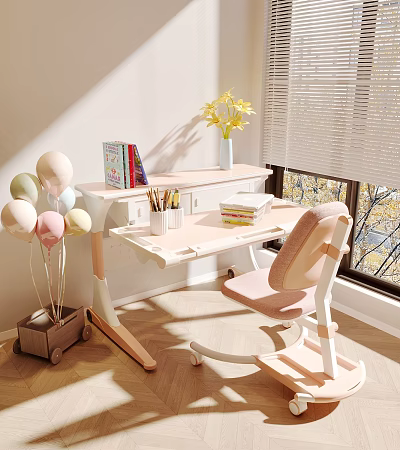 Kids Study Desk With Pink Padded Chair Colorful Books Pastel Balloons And Sunlight 3d model