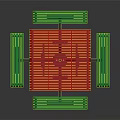 Square Red Outdoor Picnic Table With Green Benches And Black Legs