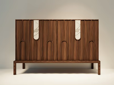 Elegant Modern Wooden Shoe Cabinet With Slatted Doors And Marble Inlays 3d model