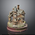 Vintage Victorian House Model With Spire Chimney Red Base Balcony And Greenery