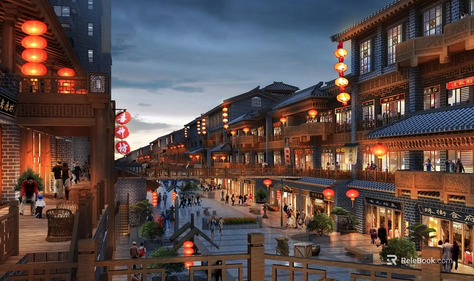 Traditional Commercial Street With Ancient Architecture Red Lanterns And Pedestrian Shops At Night 3d model 