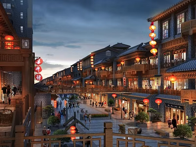 Traditional Commercial Street With Ancient Architecture Red Lanterns And Pedestrian Shops At Night 3d model