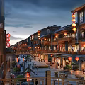 Traditional Commercial Street With Ancient Architecture Red Lanterns And Pedestrian Shops At Night
