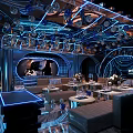 Modern Luxury KTV Interior With Blue Neon Lights Sofas Bar Counter And Decorations