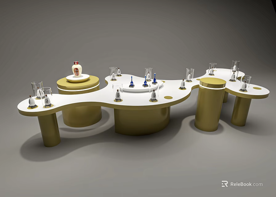 Elegant Liquor Store Interior Design With White And Gold Counters And Displayed Wine Bottles 3d model 